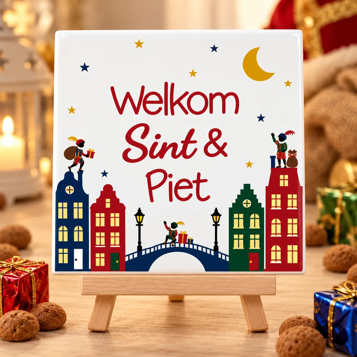 Welkom Sint en Piet Sinterklaas tegeltje met grachtenpanden op houten ezeltje