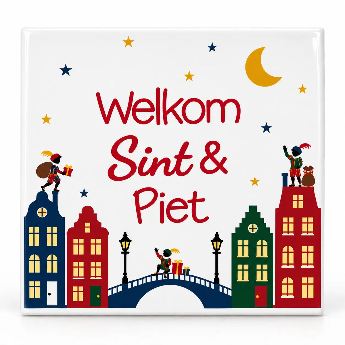 Sinterklaas tegeltje Welkom Sint en Piet met grachtenpanden 10,8 x 10,8 cm