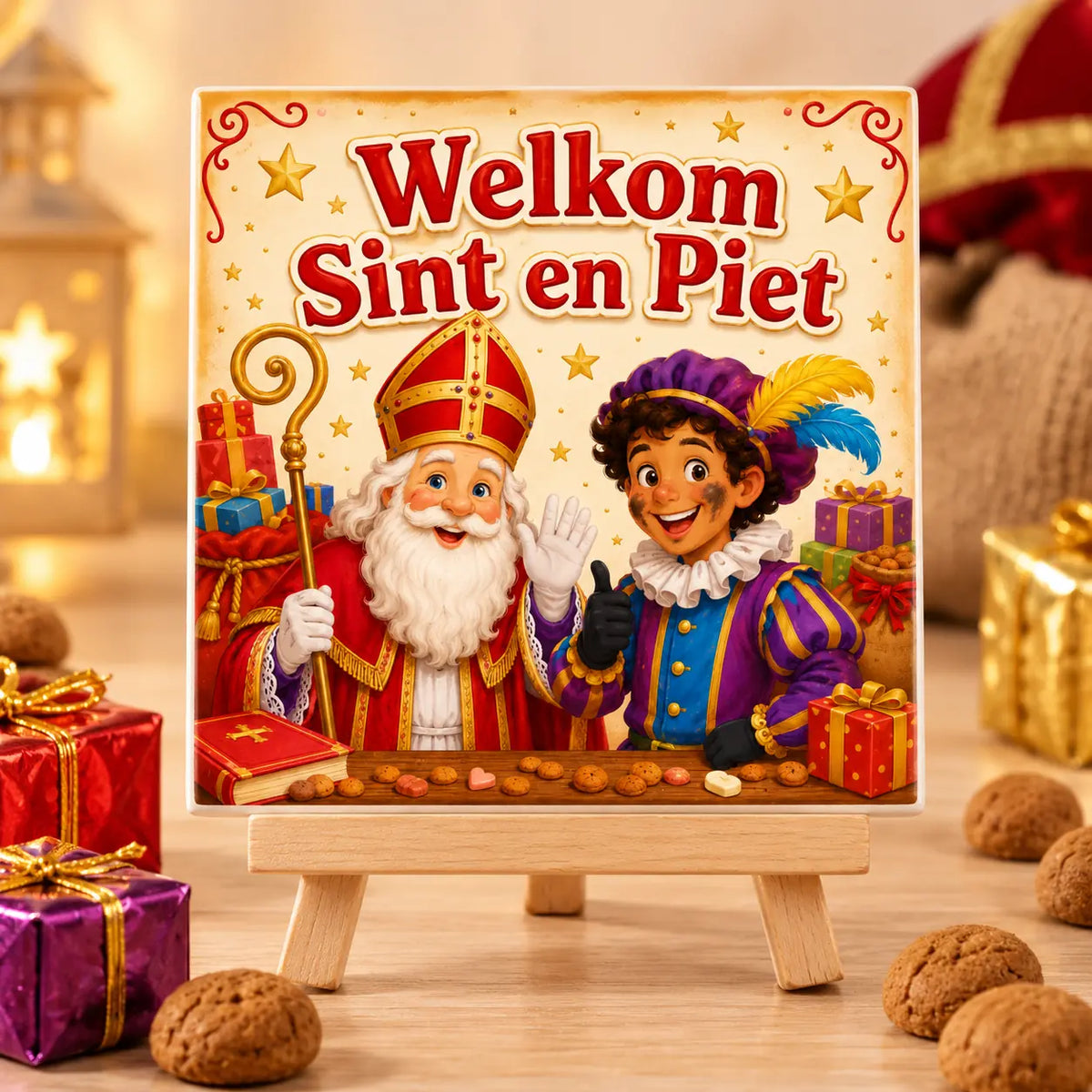 Sinterklaas tegeltje Welkom Sint en Piet op houten ezeltje