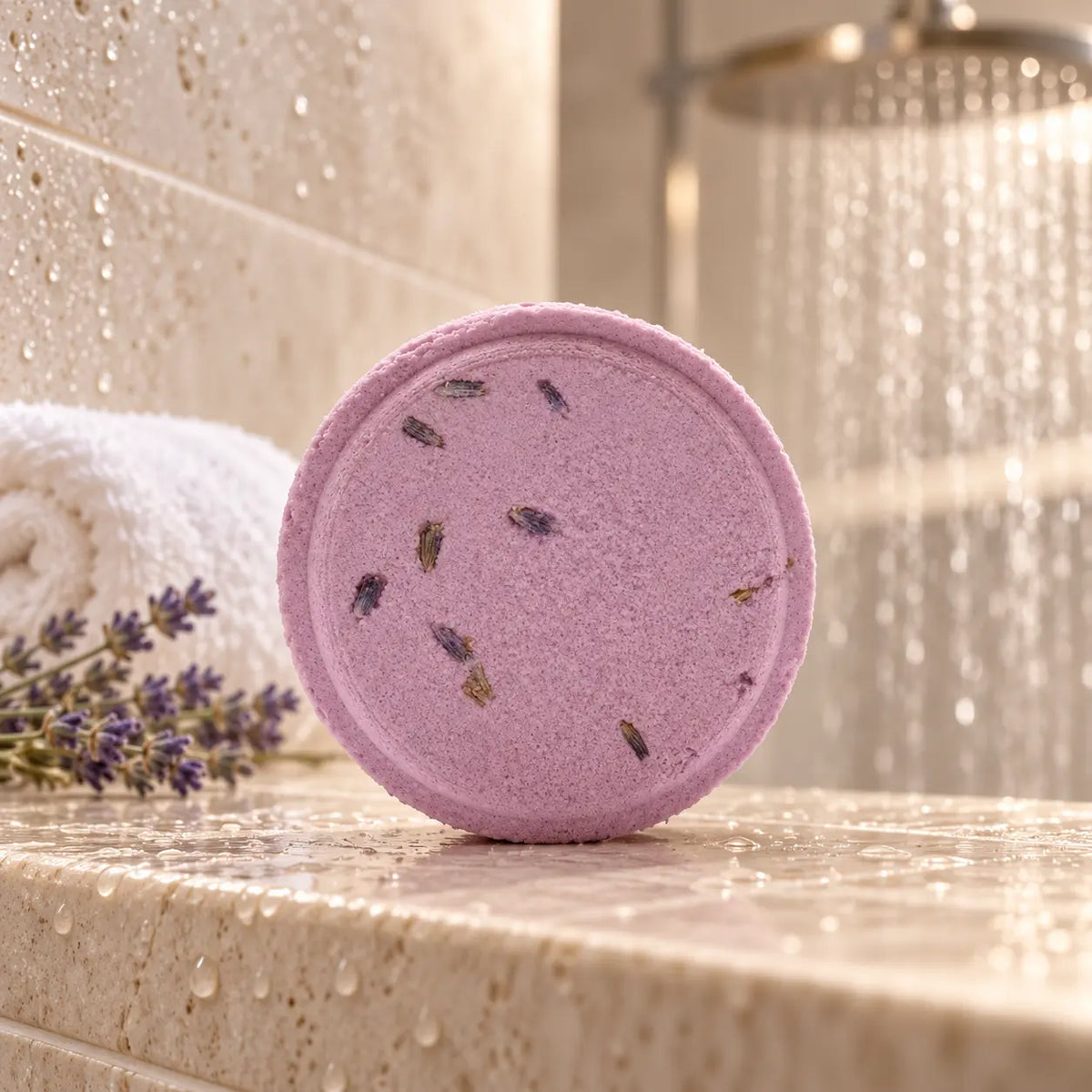 Paarse Rustige Storm douche steamer met lavendel in een warme en ontspannende douchesfeer.