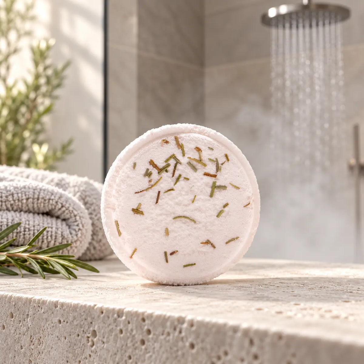 Zen Douche Steamer Sereniteit Bad in een lichte, rustgevende doucheruimte met kruidenaccenten