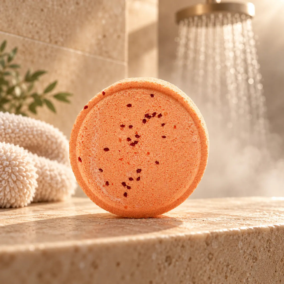 Vitaliteit Wervelwind oranje douche steamer in een warme, moderne doucheruimte.